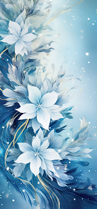 Blue floral design with white flowers and gold accents on a blue gradient background