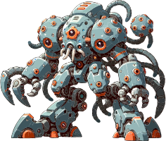 A mechanical robot with a complex design and orange accents.