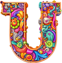 A stylized, multicolored letter U with floral and swirling patterns.