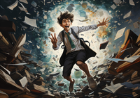 Man surrounded by exploding papers