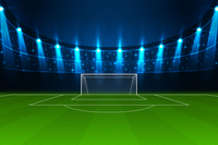 A soccer goal on a green field under blue stadium lights.