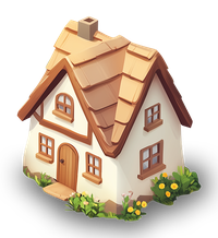 Cartoon illustration of a white house with brown trim and roof, surrounded by flowers
