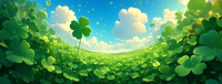 A field of green clovers with one four-leaf clover in the foreground
