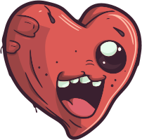 Cartoon zombie heart with a menacing grin and one large eye.