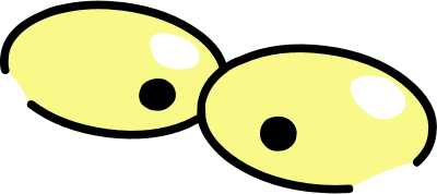 Two yellow eggs with black pupils and white highlights