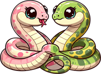 Two cartoon snakes, one pink and one green, entwined together.