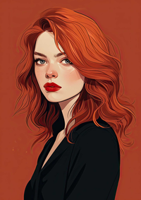 Illustration of a woman with long red hair and red lips wearing a black top against a red background.