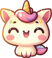 A smiling cartoon unicorn with a colorful horn and pastel hues