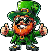 Cartoon leprechaun with green hat and sunglasses