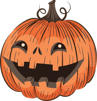 A cartoon pumpkin with a happy face and carved mouth
