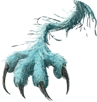 Pixelated claw with feathers or fur in blue and grey hues