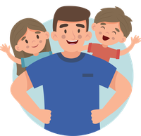 Cartoon of a man with a blue shirt and two children on his back