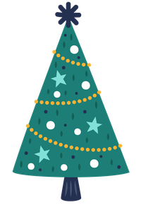 A cartoon Christmas tree with green color and decorations