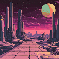 Futuristic alien landscape with a large moon