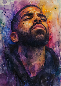 Watercolor painting of a bearded man with his eyes closed, head tilted back, surrounded by a kaleidoscope of colors.