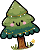 A smiling Christmas tree with a face, decorated with lights and ornaments