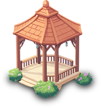 Illustration of an Asian-style gazebo with a tiled roof and decorative pillars, surrounded by greenery and flowers.