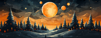 A digital artwork of a winter landscape with a large orange moon and smaller orange circles in the sky.
