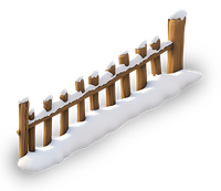 A 3D rendering of a wooden fence with snow on top and around its base.