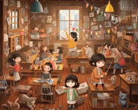 Children in a cluttered, artistic classroom with desks, books, and cats