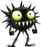 A cartoon illustration of a black monster with spikes and green eyes.