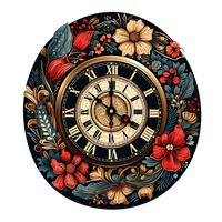A decorative clock face with Roman numerals encircled by colorful flowers and leaves