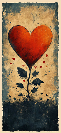 A red heart with a stem and leaves on a distressed background