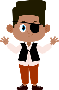 Cartoon pirate boy with one blue eye visible and an eye patch over the other