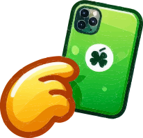 A green mobile phone with a four-leaf clover on its back and a pointing hand emoji.