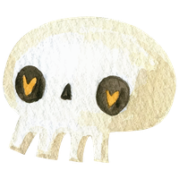 A simple, beige-colored skull with heart-shaped eyes drawn in a childlike style.
