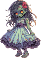 A pixelated zombie girl with green skin, red eyes, and a floral headpiece, wearing a tattered blue and purple dress.