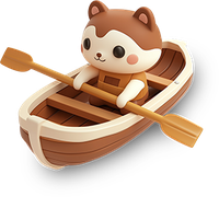 Cartoon hamster in a wooden boat with oars