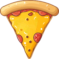 A cartoon slice of pizza with cheese and pepperoni