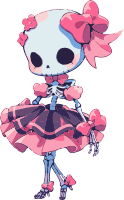 Pixel art of a sugar skull girl in a pink and black dress