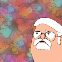 Cartoon character with white mustache and glasses in front of a colorful crowd