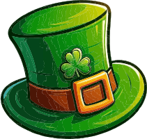 Cartoon illustration of a green top hat with a shamrock emblem and golden buckle