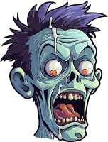 Cartoon zombie with blue-green skin and spiky purple hair