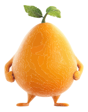 A cartoon pear character with a green leaf on top and human-like arms and legs.