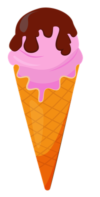 A cartoon-style image of a waffle ice cream cone with two scoops of pink ice cream and chocolate topping.
