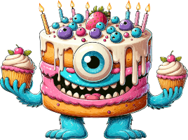 Cartoon monster with a birthday cake and cupcakes