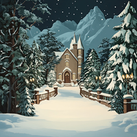 Illustration of a church in a snowy landscape with mountains in the background at night