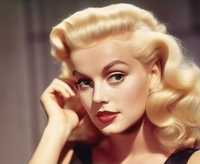 A woman with blonde hair and red lips posing for a vintage-style portrait.
