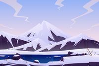 Illustration of a snowy mountain range with a frozen lake in the foreground.