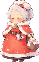 Cartoon Mrs. Claus in red winter coat holding a basket