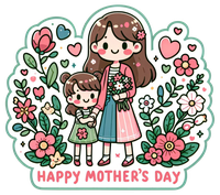 Cartoon mother and daughter with flowers