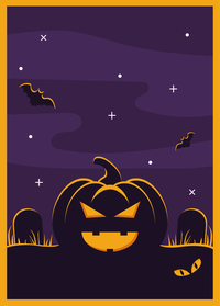 A cartoon jack-o'-lantern in a graveyard at night