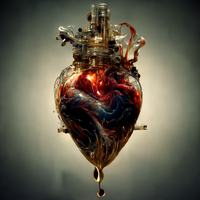 A glass heart with steampunk mechanical elements and dark red liquid inside.