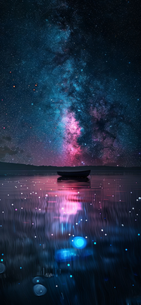 A boat on a lake with a starry night sky reflection