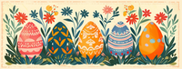 Five decorated Easter eggs in various colors surrounded by flowers and greenery.