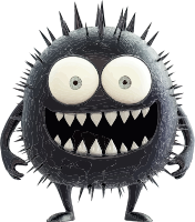 A black cartoon creature with large eyes, sharp teeth, and spiky fur.
